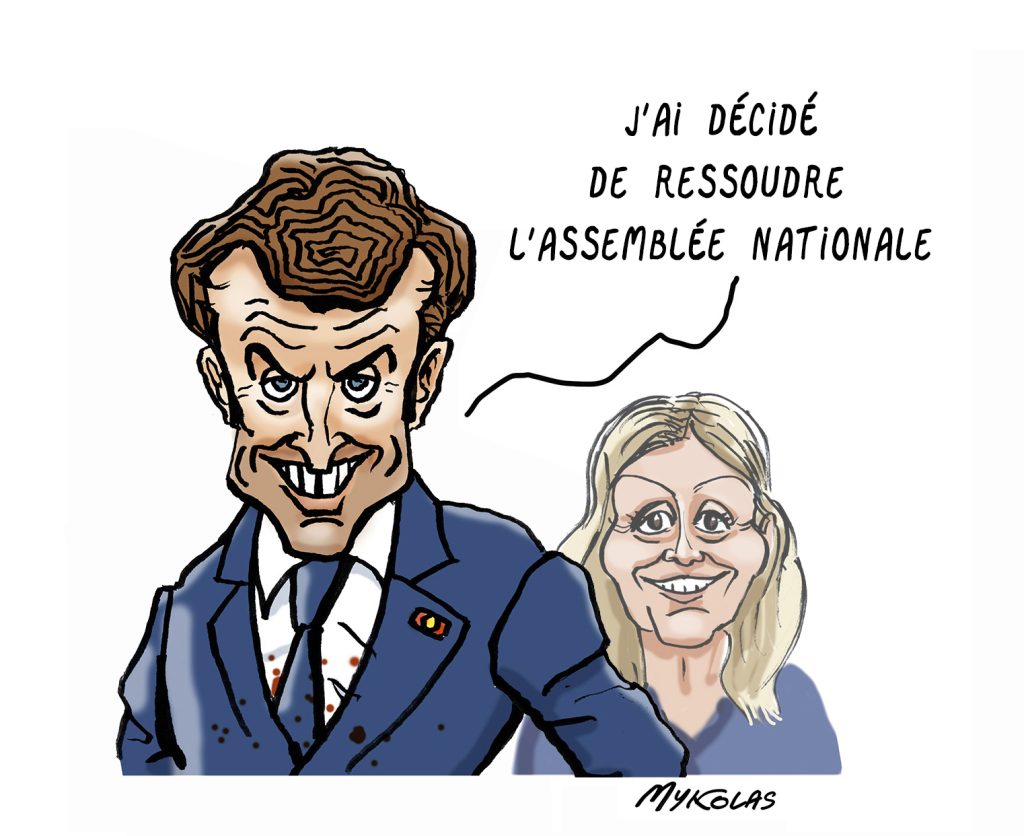 dessin presse humour Emmanuel Macron Yaël Braun-Pivet image drôle présidence Assemblée Nationale