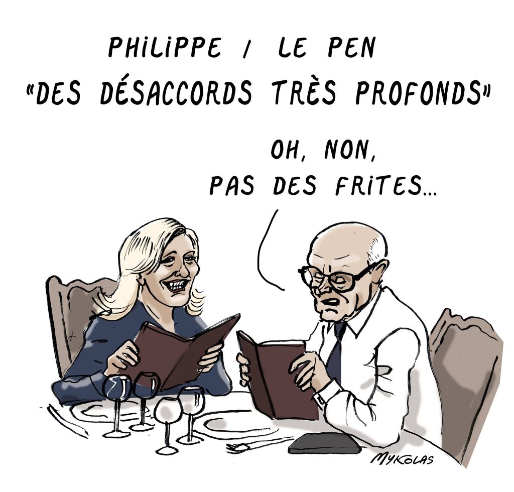 dessin presse humour dîner Édouard Philippe image drôle Marine Le Pen