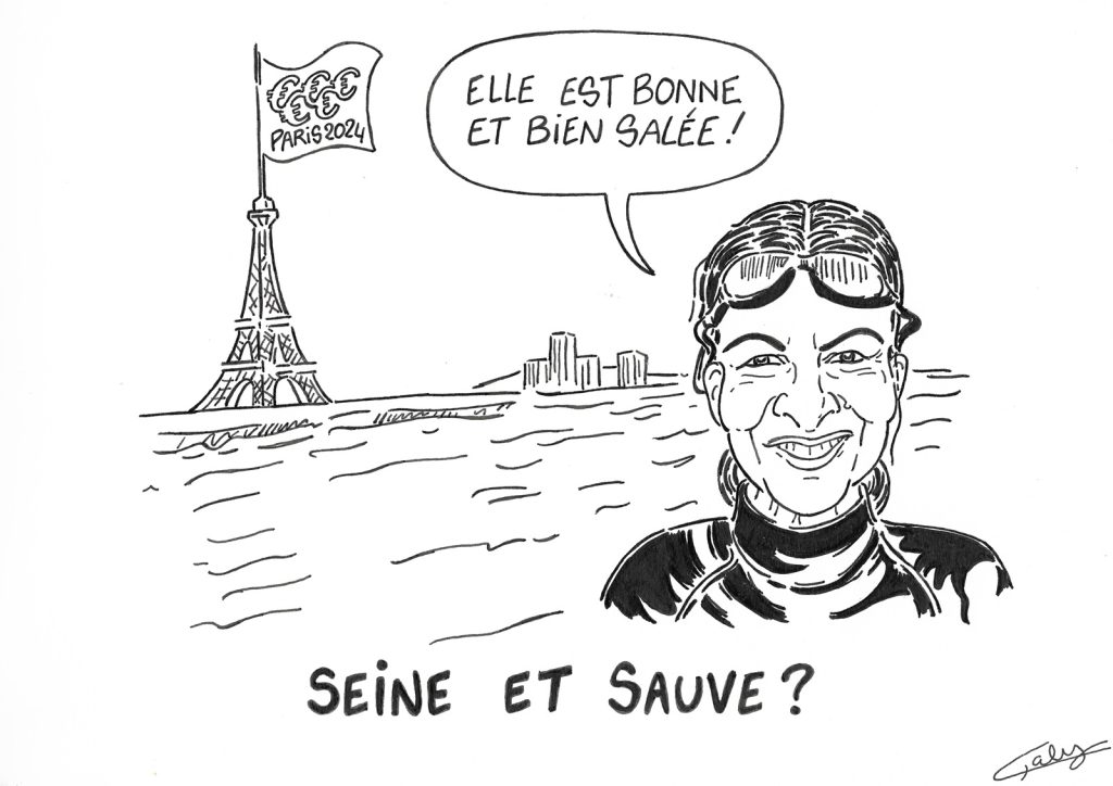 dessin presse humour paris 2024 Anne Hidalgo image drôle baignade Seine