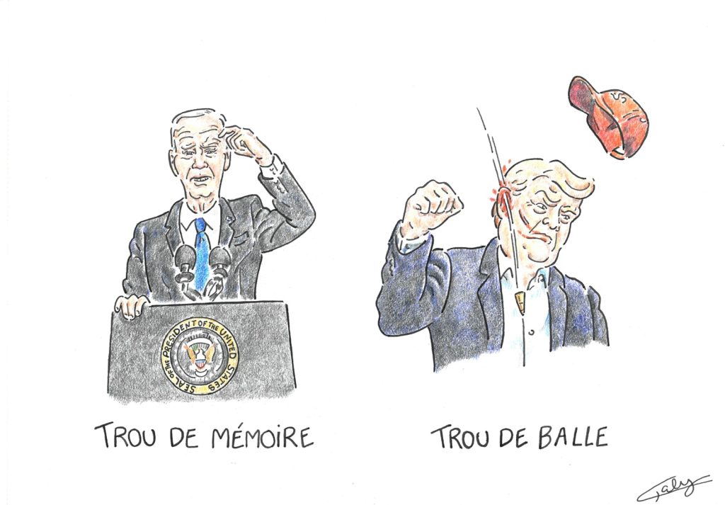 dessin presse humour trou mémoire Joe Biden image drôle trou balle Donald Trump