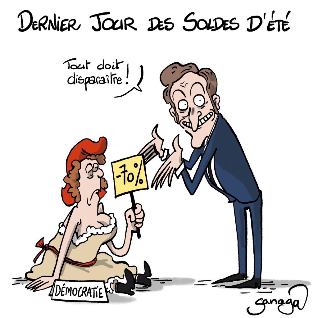 dessin presse humour Emmanuel Macron démocratie image drôle dernier jour soldes été