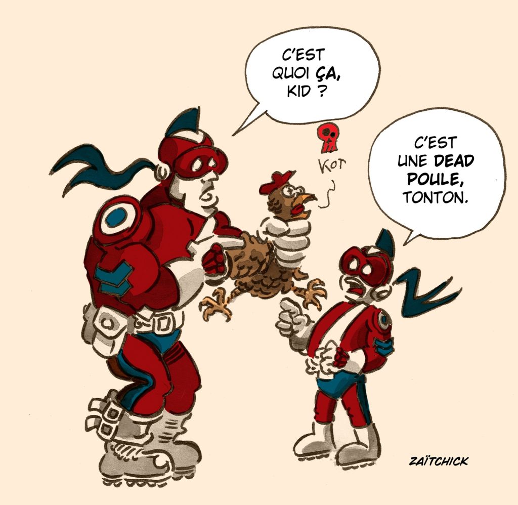 image drôle Le Brigadier Deadpool poule morte
