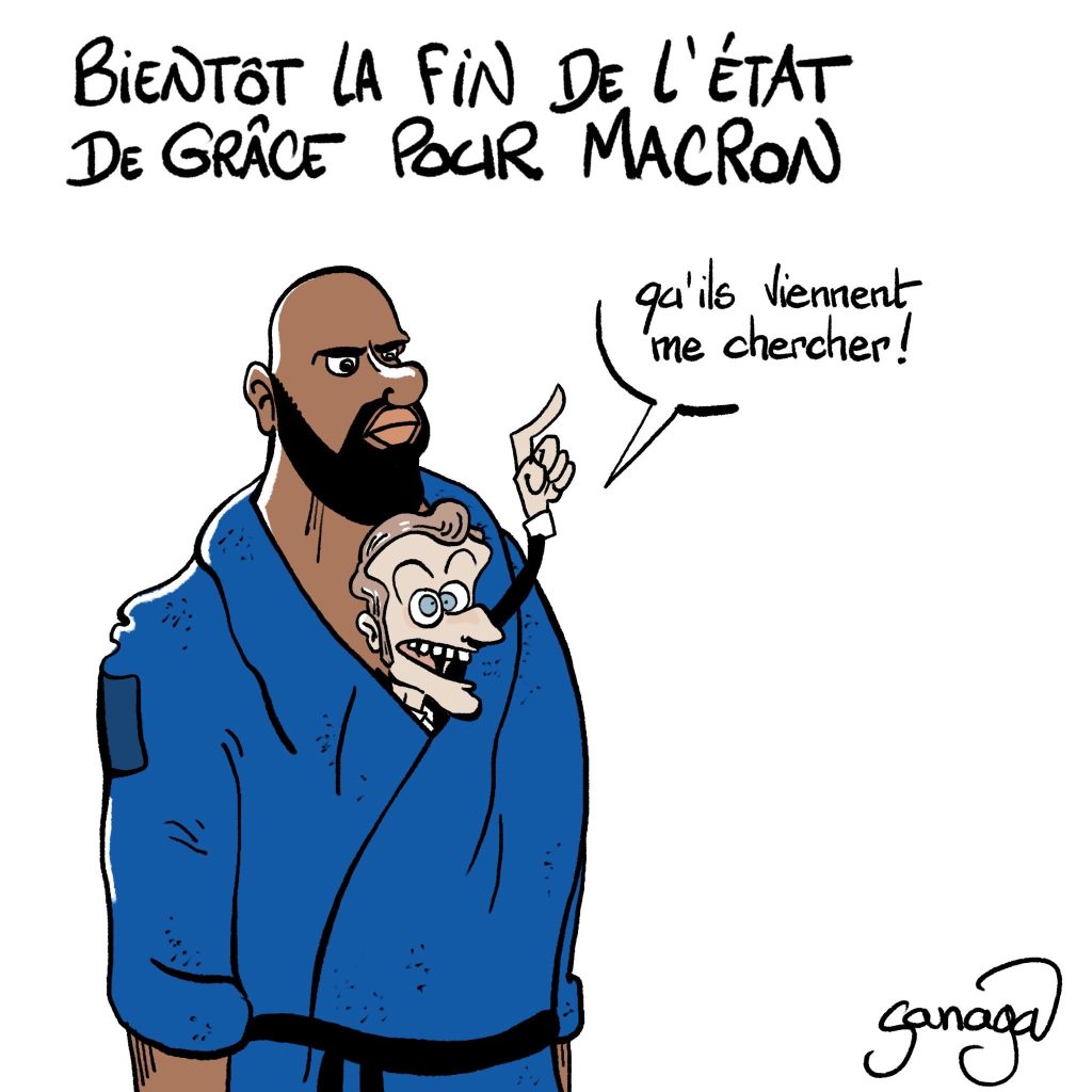 dessin presse humour fin Jeux Olympiques Emmanuel Macron image drôle judoka Teddy Riner