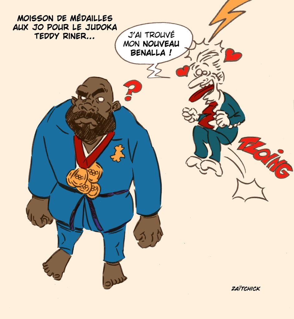 dessin presse humour Emmanuel Macron image drôle judoka Teddy Riner