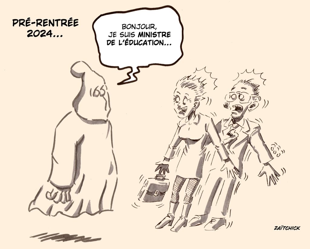 dessin presse humour ministre de l’Éducation démissionnaire image drôle rentrée scolaire 2024