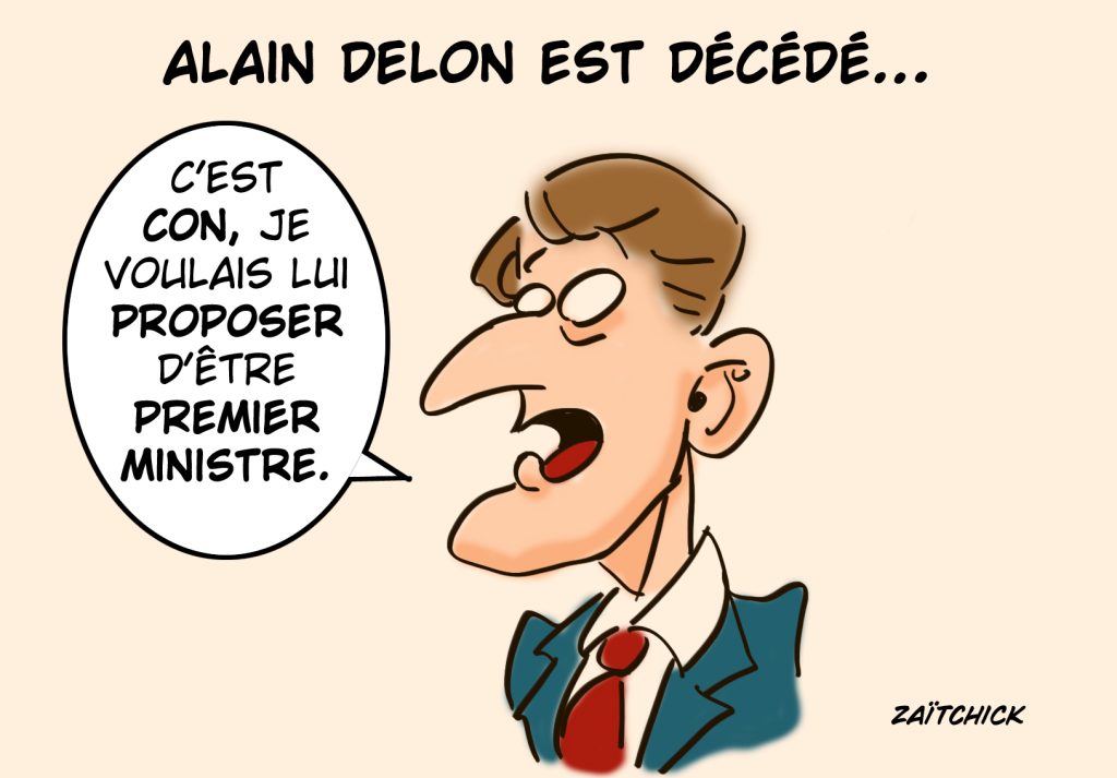 dessin presse humour Emmanuel Macron image drôle mort Alain Delon