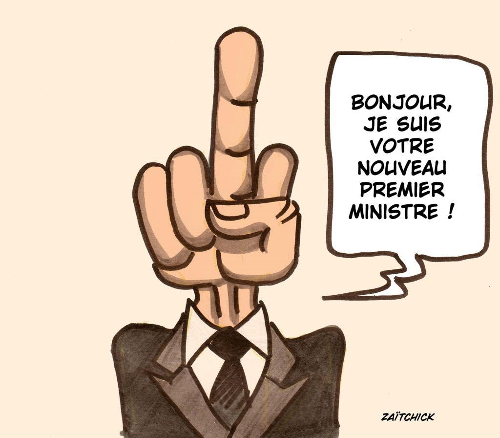 dessin presse humour Emmanuel Macron image drôle nomination Michel Barnier premier ministre