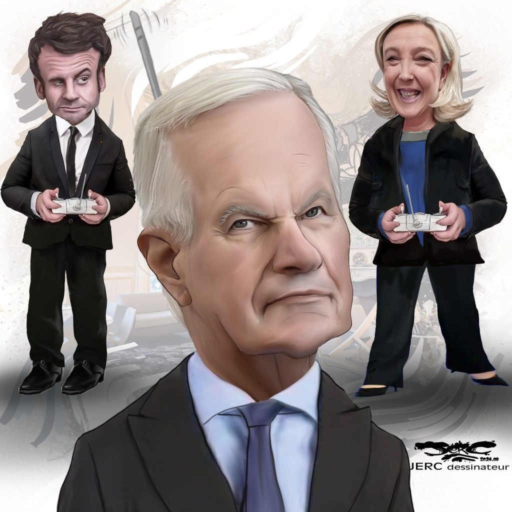 dessin presse humour Michel Barnier Emmanuel Macron image drôle Marine Le Pen