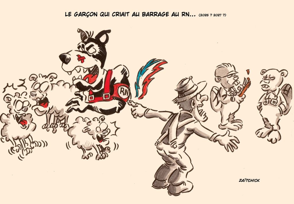 dessin presse humour Emmanuel Macron image drôle barrage républicain Rassemblement National