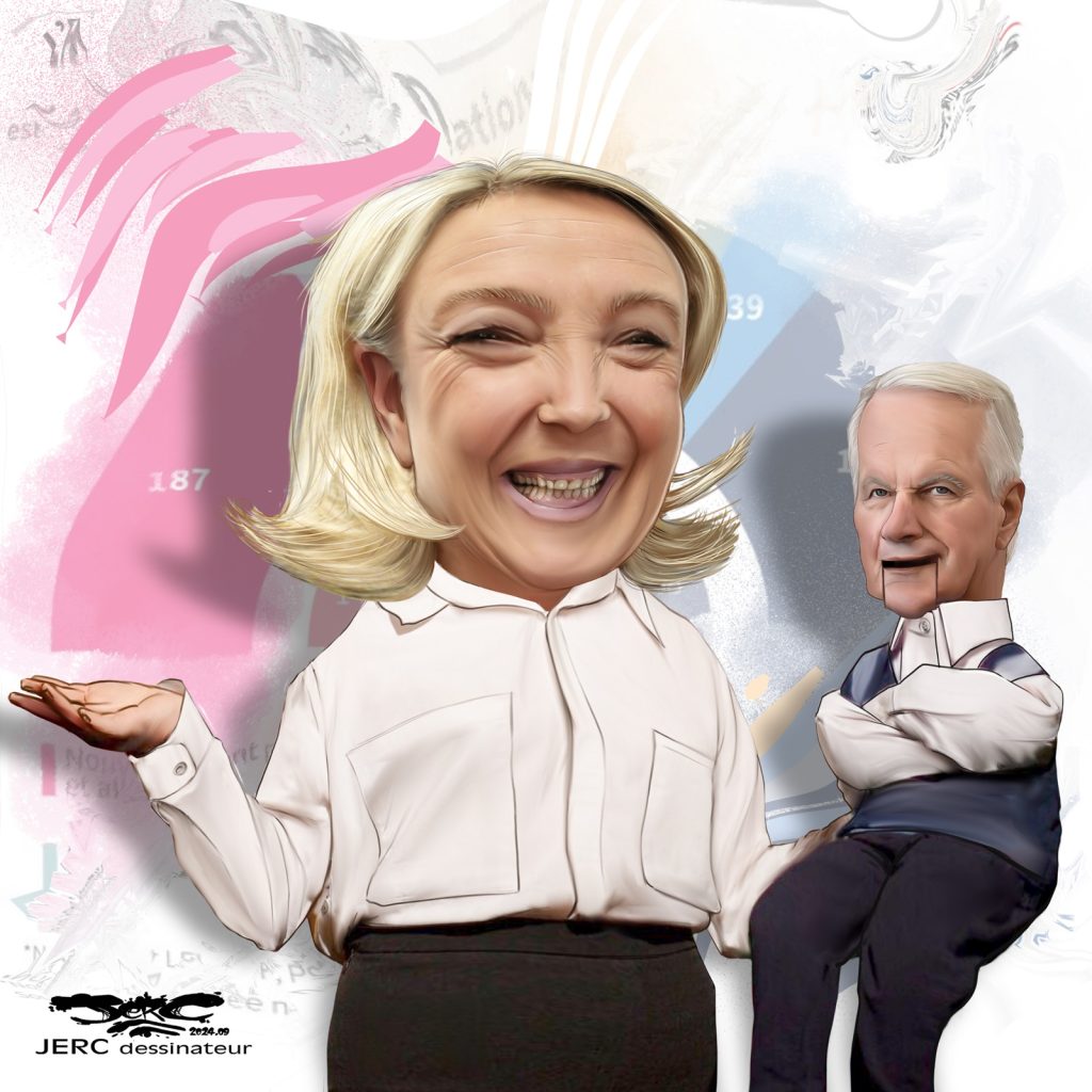 dessin presse humour nomination Michel Barnier image drôle premier ministre Marine Le Pen