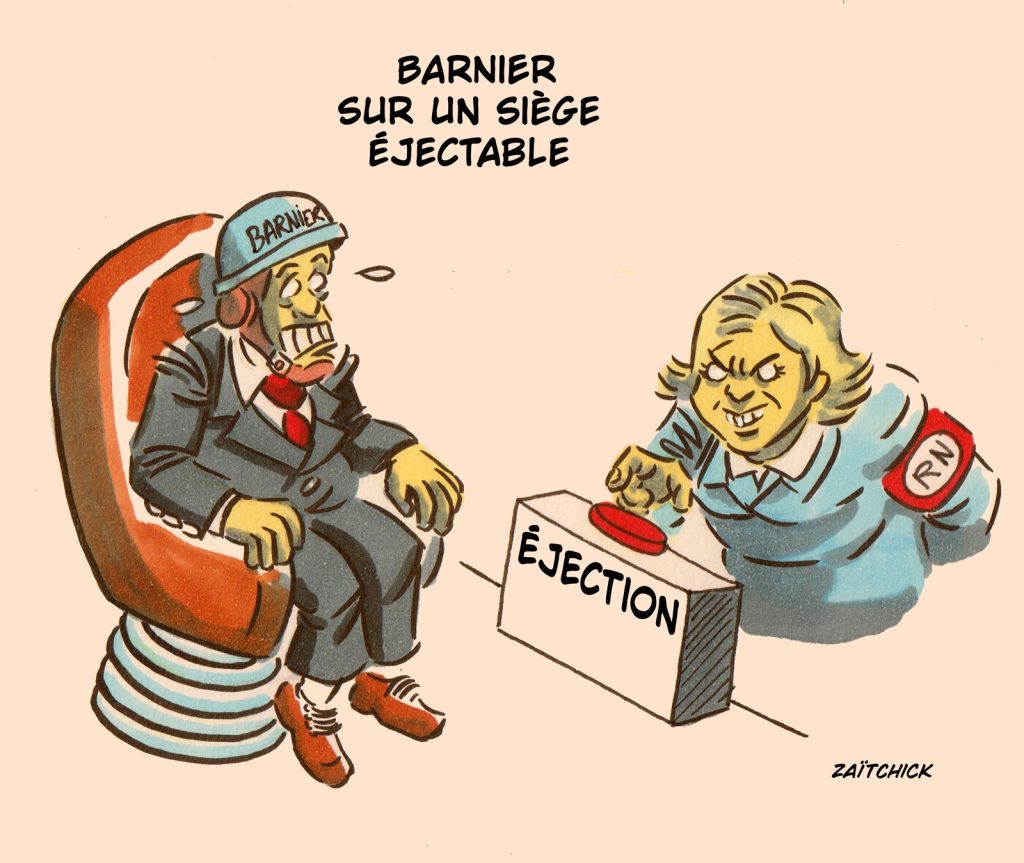 dessin presse humour Michel Barnier image drôle Marine Le Pen