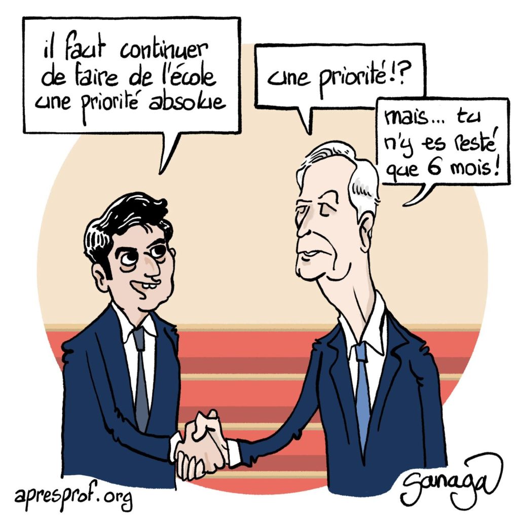 dessin presse humour Michel Barnier Gabriel Attal image drôle priorité absolue école