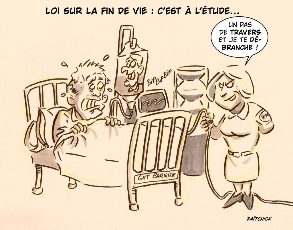 dessin presse humour Michel Barnier Marine Le Pen image drôle loi fin de vie