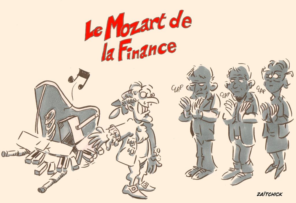 dessin presse humour Emmanuel Macron image drôle Mozart finance