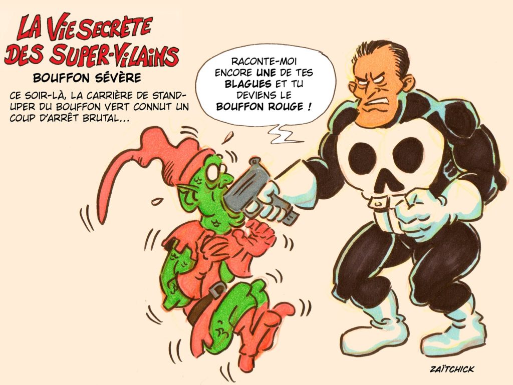 dessin presse humour super-vilains image drôle Bouffon vert Punisher