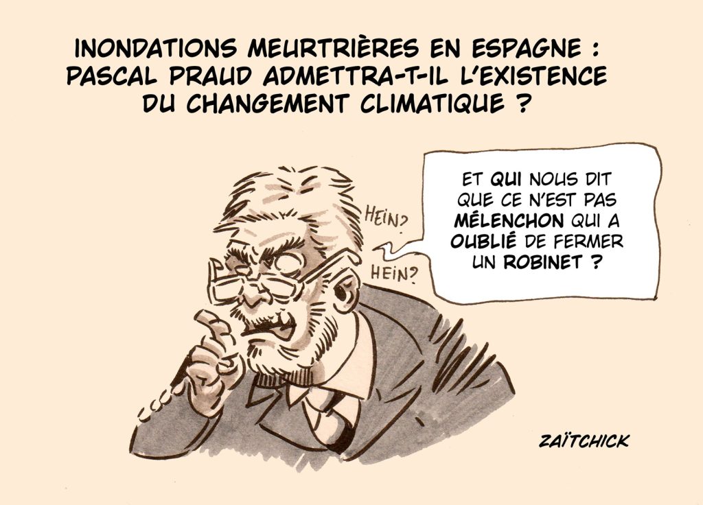 dessin presse humour Pascal Praud image drôle inondations Espagne