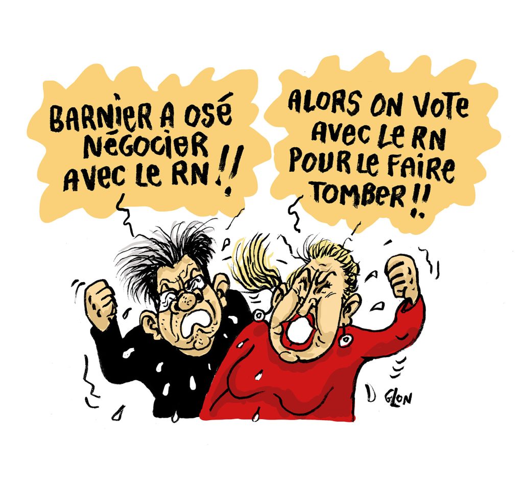 dessin presse humour Jean-Luc Mélenchon Mathilde Panot image drôle motion censure Michel Barnier