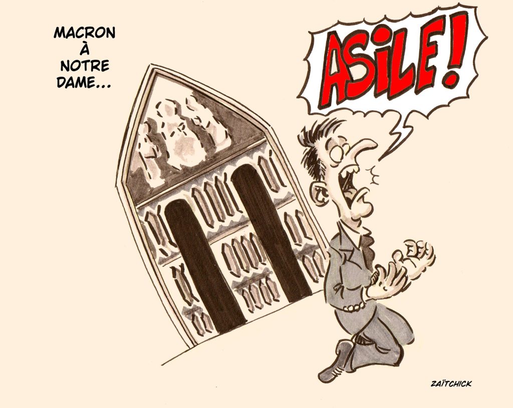 dessin presse humour Emmanuel Macron image drôle réouverture Notre-Dame de Paris