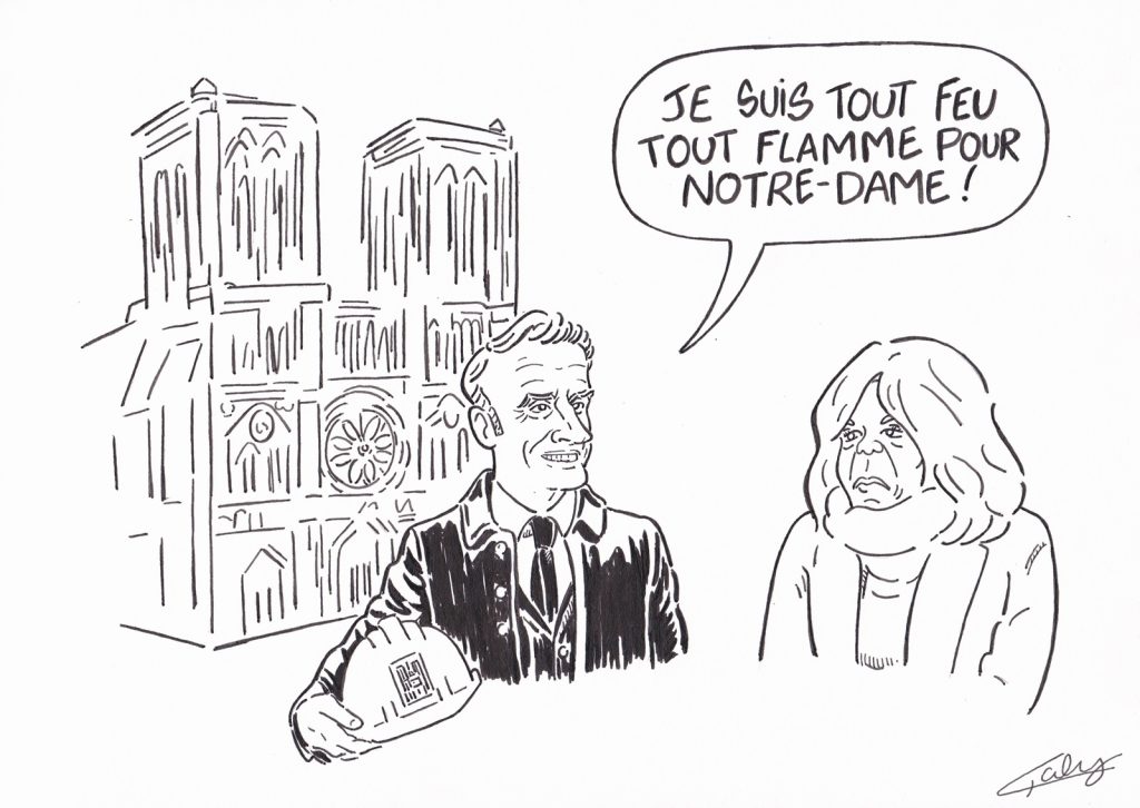 dessin presse humour Emmanuel Macron image drôle réouverture Notre-Dame de Paris